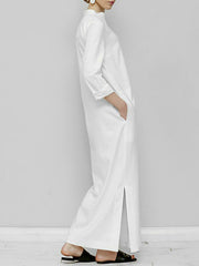 Long Sleeves Loose Solid Color Split-Joint V-Neck Maxi Dresses