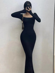 Ribbed Solid Long Sleeve Square Neck Skinny Bodycon Dress Women Autumn Sexy Evening Party Elegant Vestido Ladies Long Dresses