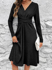 Long Sleeves Loose Pleated Solid Color Split-Joint V-Neck Midi Dresses