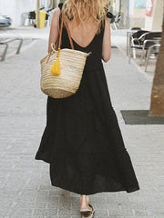 Solid Color Loose Sleeveless V-Neck Midi Dresses