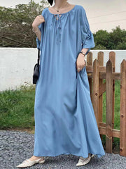 Solid Color Half Sleeves Loose Round-Neck Midi Dresses