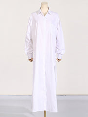 See-Through Solid Color Split-Joint Split-Side Long Sleeves Loose Lapel Shirt Dress Maxi Dresses
