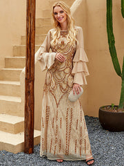 Vintage Flared Sleeves Sequined Round-Neck Midi Dress