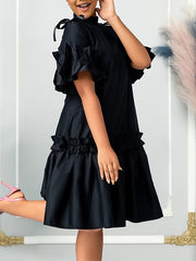 A-Line Half Sleeves Pleated Solid Color Split-Joint Zipper Mock Neck Midi Dresses