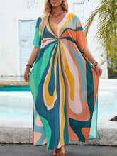 Printed Split-Joint Split-Side Batwing Sleeves Loose V-Neck Maxi Dresses