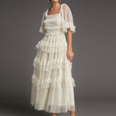 - Beige Swiss Dot Mesh Ruffle Tiered Midi Dress