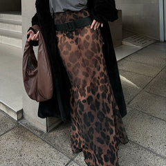 Leopard Mesh Skirt Women's Sexy See-through Mesh Skirt Fashion Printed Patchwork Slim Party Retro Long Skirt Streetwear