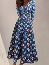 A-Line Long Sleeves Flower Print Split-Joint Deep V-Neck Maxi Dresses