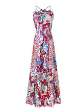 Vacation A-Line Sleeveless Floral Printed Lace-Up U-Neck Maxi Dress