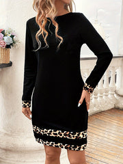 Contrast Color Leopard Bodycon Long Sleeves Round-Neck Mini Dresses
