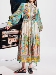 Flower Print Patchwork Lapel Collar Maxi Dresses
