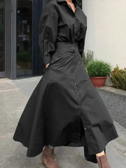 Loose Puff Sleeves Pleated Solid Color Split-Joint Lapel Maxi Dresses Shirt Dress