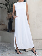 Loose Sleeveless Solid Color Split-Side Mock Neck Maxi Dresses