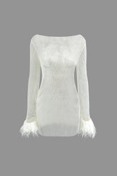 Boat Neck Sheer Net Fluffy Cuff Mini Dress