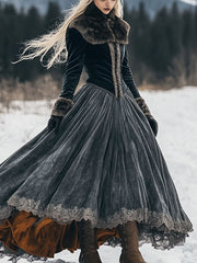 Velvet Patchwork Wool Long Sleeve Retro Maxi Dress