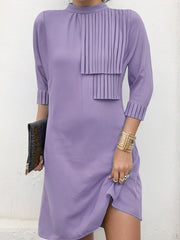 Loose Three-quarter Sleeves Buttoned Pleated Solid Color Split-Joint Tasseled Mock Neck Mini Dresses