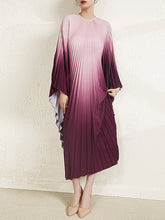 Batwing Sleeves Loose Gradient Pleated Round-Neck Midi Dresses