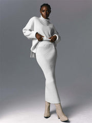 Ribbed Knit 2 Piece Dress Set Outfits Ladies Knitwear Top And Midi Skirt Sets For Women Casual Winter Sweater Sets 2025Christmas Gifts