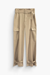 High Waisted Buckle Detail Flap Pocket Straight Leg Pants With Belt