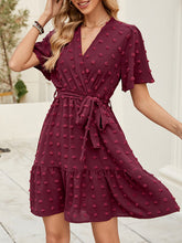 Jacquard Pleated Solid Color Tied Waist A-Line Flared Sleeves V-Neck Mini Dresses