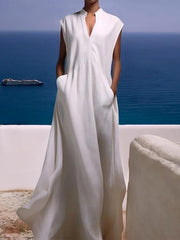 Pockets Solid Color Cap Sleeve Loose V-neck Maxi Dresses
