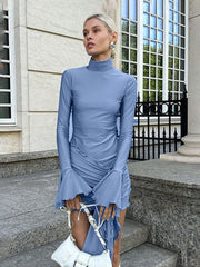 Autumn New Flare Sleeve Sexy Bodycon Dress For Women Edible Tree Fungus Irregular Splice Gown Mini Dresses Solid ColorChristmas Gifts