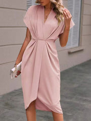 Knot Pleated Solid Color Split-Front High-Low Loose V-Neck Midi Dresses