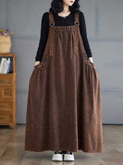 A-Line Loose Pleated Pockets Solid Color Split-Joint Spaghetti-Neck Suspender Dress