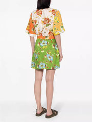 Short Sleeves Flower Print Lapel Collar Mini Dresses