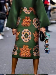 Long Sleeves Printed Round-Neck Midi Dresses