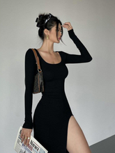 Ribbed Solid Long Sleeve Square Neck Mid Length Dress Sexy Side Slit Evening Party Elegant Vestido Ladies Dresses Bodycon