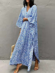 Leopard Split-Side Sun Protection Batwing Sleeves Loose V-Neck Maxi Dresses Cover-Ups Swimwear