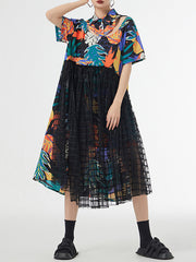 Buttoned Hollow Mesh Printed Split-Joint A-Line Loose Lapel Midi Dresses