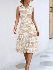 Sleeveless Buttoned Printed Tied Waist Lapel Collar Midi Dresses