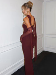 Elegant Tube Top Long Dress Female With Gloves Halter Neck Ribbon Three Pieces Sexy Backless Bodycon Gown Dresses WomanChristmas Gifts