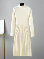 Stylish Long Sleeves High Waisted Pleated Solid Color Half Turtleneck Sweater Dresses