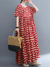 Loose Short Sleeves Plaid Round-Neck Midi Dresses