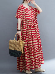 Plaid Loose Short Sleeves Round-Neck Midi Dresses