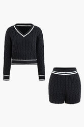Contrast Trim V-neck Knit Top And Shorts Set