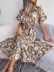 Leopard Ribbed Loose Short Sleeves Lapel Midi Dresses