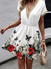 A-Line Loose Butterfly Print Elasticity Hollow Split-Joint Tasseled Tied Waist V-Neck Mini Dresses