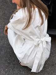 Pleated Solid Color Split-Joint Tied Waist Long Sleeves Loose V-Neck Shirt Dress Mini Dresses
