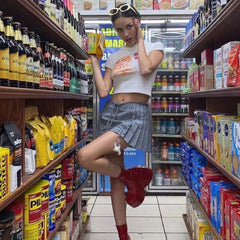 New Y2k Mini Skirts 90s Cute Streetwear Casual Grey Pleated Skirts With Belt Hot Zipped A-Line Women Short Skirt SummerChristmas Gifts