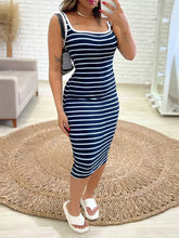 Contrast Color Striped Bodycon Sleeveless U-Neck Midi Dresses