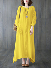 Casual Long Sleeves Loose Solid Color Round-Neck Maxi Dresses