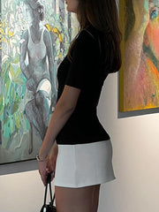 Contrast Color Split-Joint Short Sleeves Skinny High Neck Mini Dresses