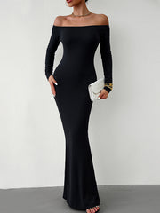 Bodycon Long Sleeves See-Through Solid Color Off-The-Shoulder Maxi Dresses