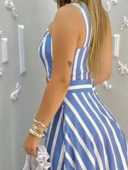 High Waisted Loose Asymmetric Hollow Pleated Pockets Split-Joint Striped Zipper One-Shoulder Midi Dresses