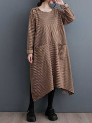 Pockets Printed Split-Joint Split-Side Long Sleeves Loose Round-Neck Midi Dresses