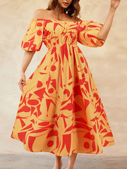 Contrast Color Elasticity Pleated Pockets Printed A-line Espadrilles Off-the-shoulder Midi Dresses